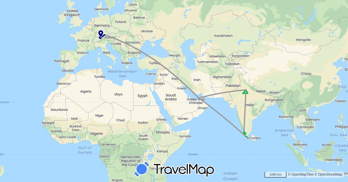 TravelMap itinerary: driving, bus, plane in United Arab Emirates, Austria, Germany, India (Asia, Europe)